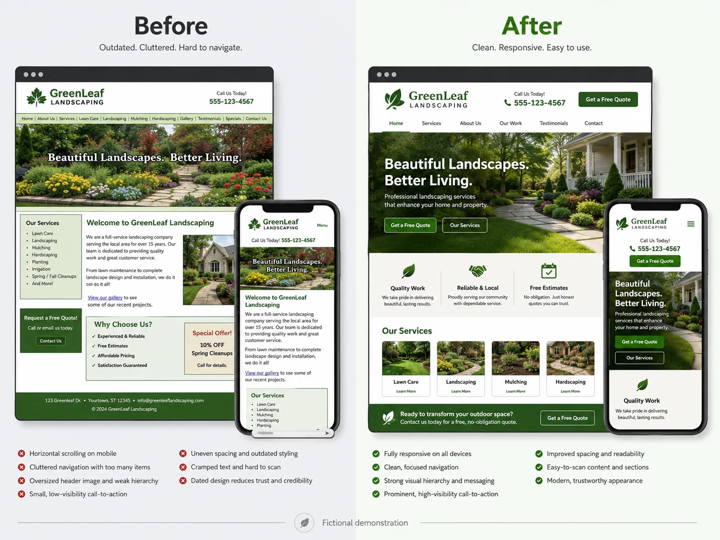Fictional before-and-after comparison of the GreenLeaf Landscaping website on desktop and mobile