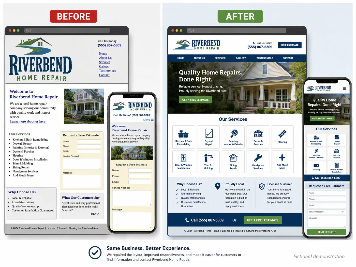 Fictional before-and-after comparison of the Riverbend Home Repair website on desktop and mobile