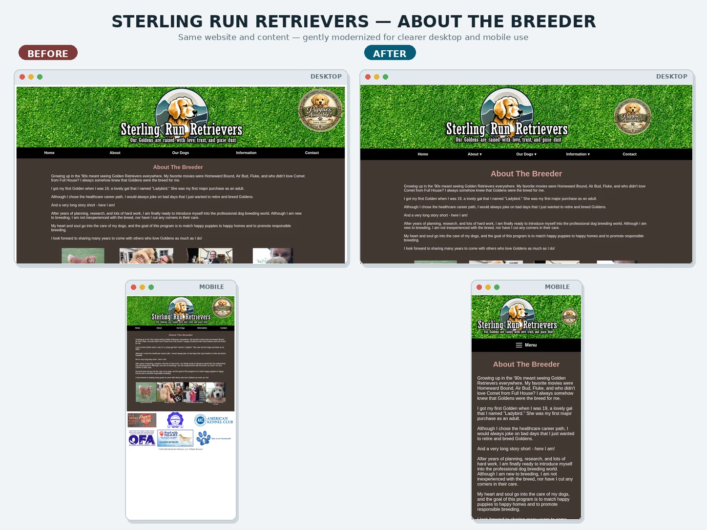Before-and-after comparison of Sterling Run Retrievers About the Breeder on desktop and mobile