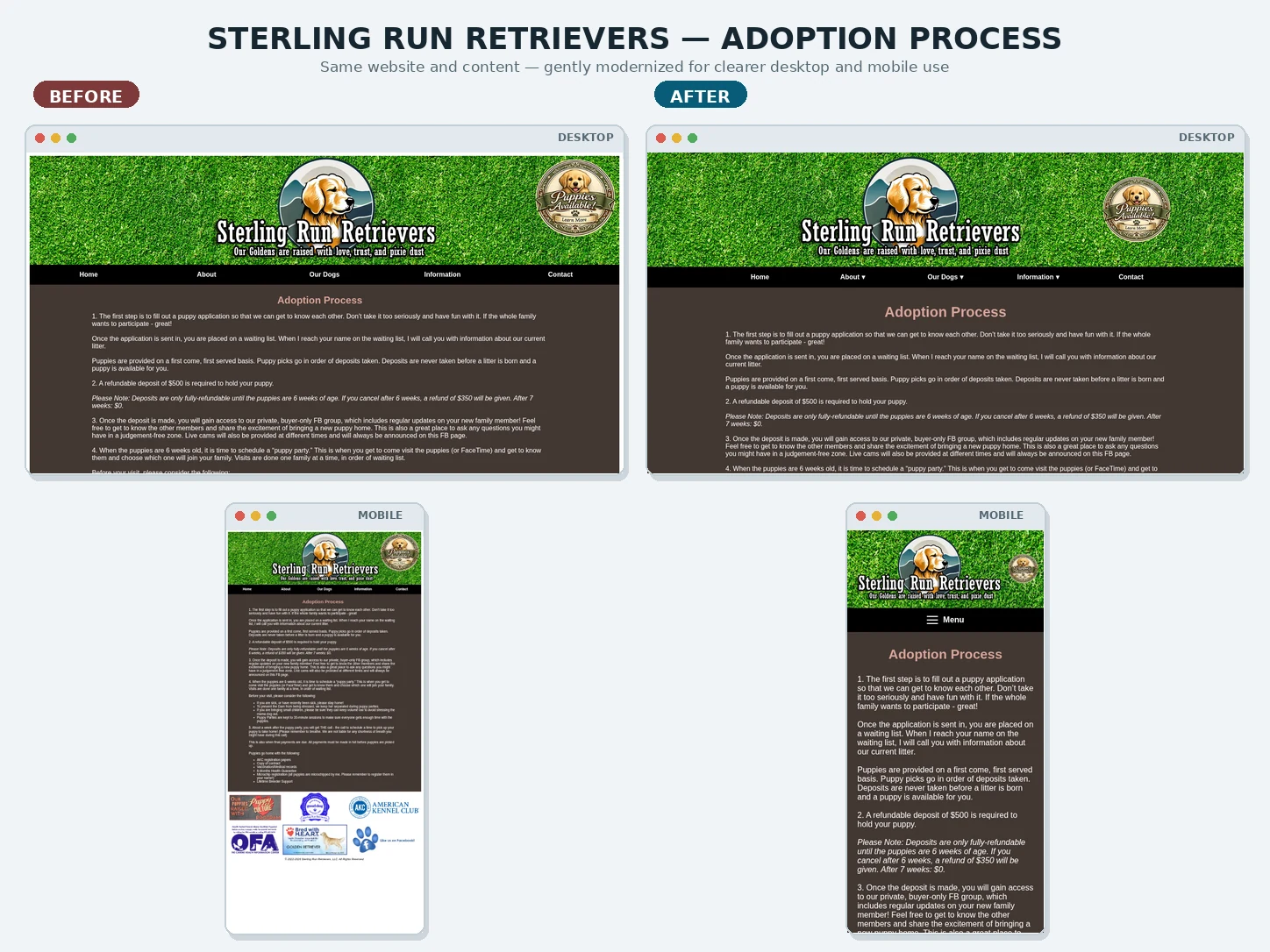 Before-and-after comparison of Sterling Run Retrievers Adoption Process on desktop and mobile