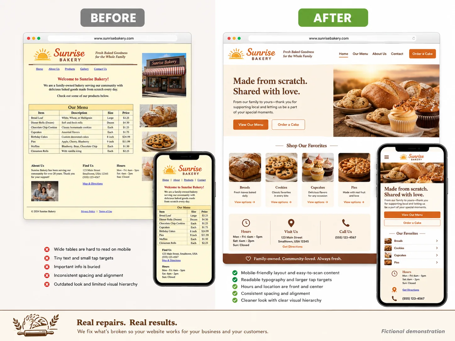 Fictional before-and-after comparison of the Sunrise Bakery website on desktop and mobile